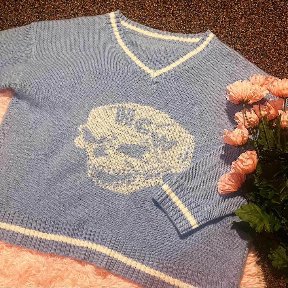 Ali Express Light Blue Varsity Style V Neck HCW Skull Sweater Sz S